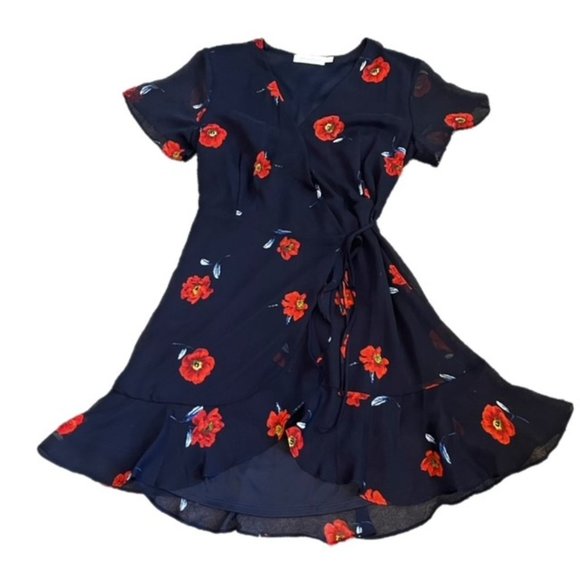All in Favor Isabella Wrap Flounce Mini Dress Navy and Red Floral - Picture 3 of 9